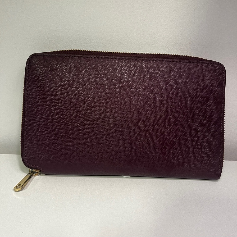 Henri Bendel West 57th Zip Around Continental Wallet Port Brown Saffiano Leather - Picture 4 of 8